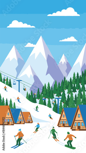 Winter Ski Resort Landscape with Skiers, Snowboarders, and Chalets