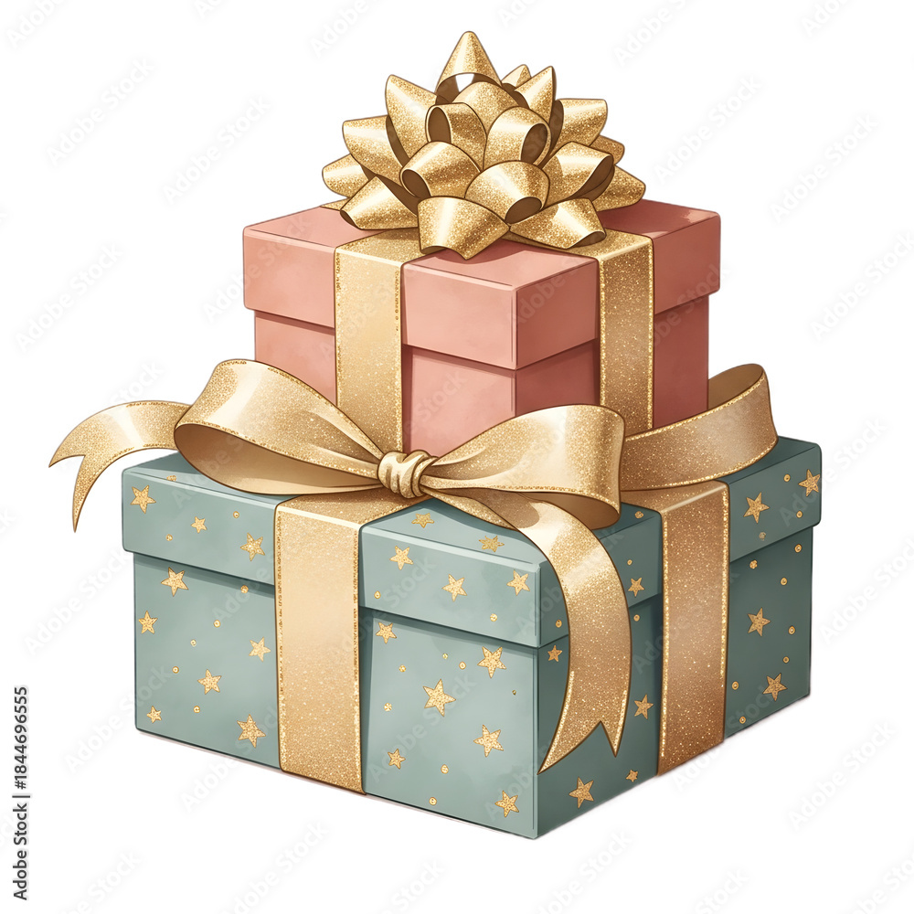 Obraz premium Stacked gift boxes with gold ribbon and bows present