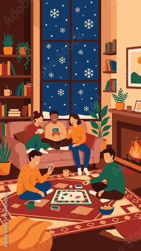 Diverse friends playing games in cozy winter living room with fireplace