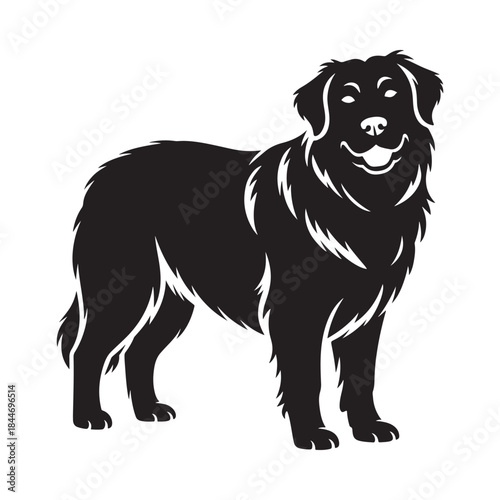 A striking black and white illustration depicts a large fluffy dog standing in a profile view showcasing its majestic and gentle demeanor