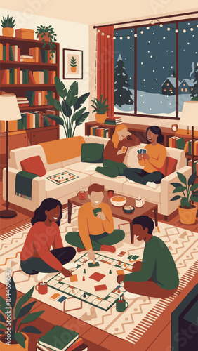 Diverse friends enjoy card and board games in a cozy winter living room.