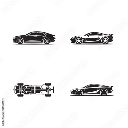 A sleek modern sports car is displayed in multiple views including side top and perspective projections showcasing its design details