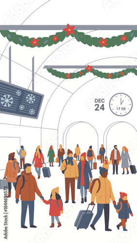 Christmas holiday travel at a bustling station terminal with diverse people