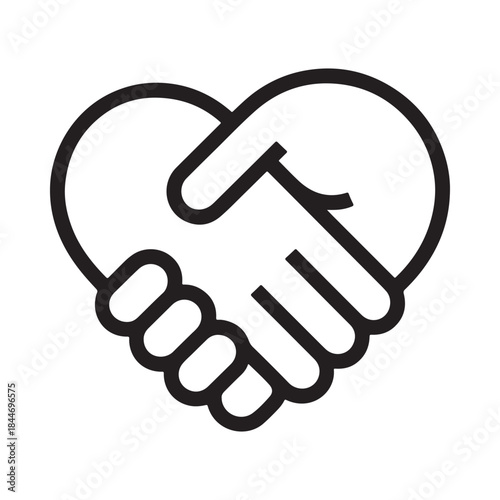 A simple black and white illustration depicts a handshake forming the shape of a heart symbolizing agreement and affection