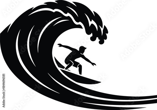 Silhouette of a surfer riding a large ocean wave