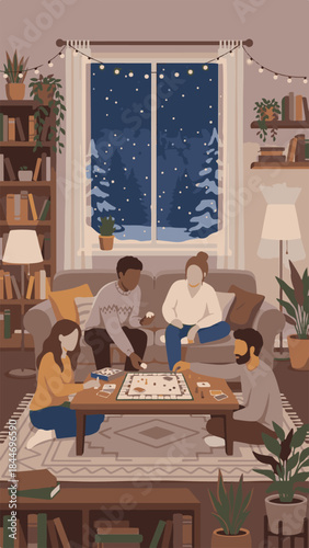 Friends playing board game in cozy winter living room at home