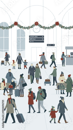 Busy airport terminal with diverse travelers and festive winter holiday decorations