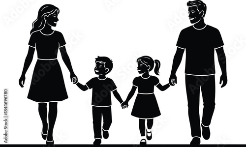 Family of four holding hands walking together in a line
