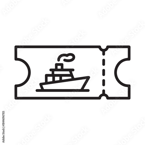 A simplistic black and white line drawing depicts a ticket illustration featuring a cruise ship emitting smoke suggesting travel and vacation