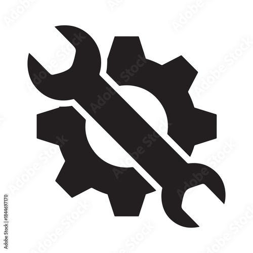 A black and white illustration depicts a wrench crossed diagonally over several interlocking gears symbolizing maintenance and engineering concepts