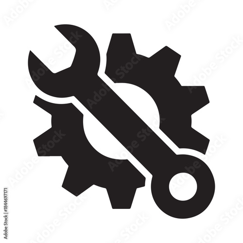A sleek black and white icon depicts a wrench crossed with several gears symbolizing maintenance repair and mechanical engineering concepts clearly