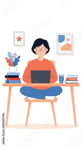 Person working remotely on laptop at desk with books and plant, illustration