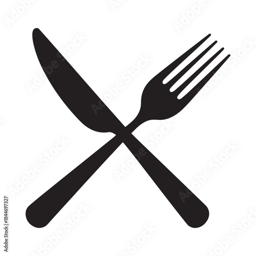 a simple black and white graphic illustration depicting a crossed fork and knife commonly associated with dining and restaurants