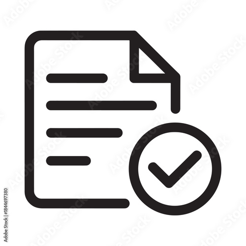 A simple black and white line icon depicts a document with lines of text and a checkmark inside a circle signifying completion