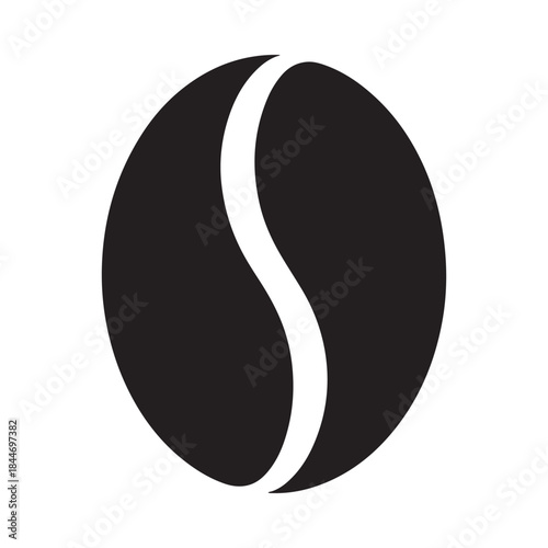 A simple graphic depiction of a single coffee bean showcasing its characteristic shape and central crease in monochrome