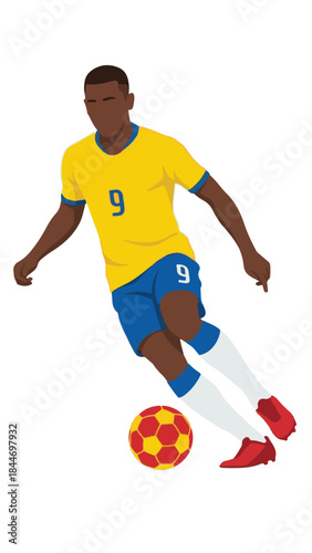 Male soccer player in brazil jersey dribbling a football