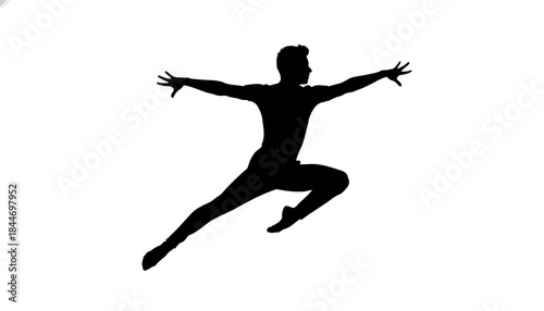 Dynamic male dancer silhouette leaps with outstretched arms against clean white background
