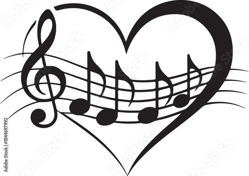 Vector isolated black heart with music with notes. Isolated on transparent background