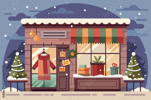 Festive winter storefront with gift boxes, Christmas trees, snow, lights and a red coat in the display window under a striped awning