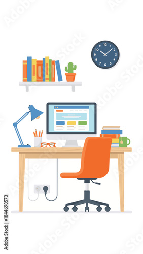 Modern home office workspace illustration with computer, books, and desk chair