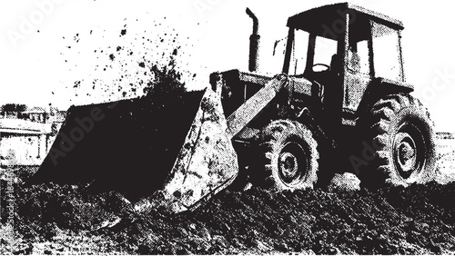 Tractor digging into soil with a front loader. Heavy machinery in action at a construction site, featuring a vector illustration of industrial equipment.