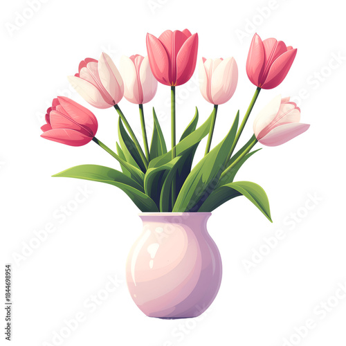 Floral Symphony: A vibrant collection of tulips, in hues of pink and white, arranged gracefully in a delicate vase. A celebration of beauty and nature's artistry.