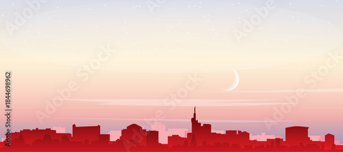 Red panoramic poster of the city skyline with misty background buildings, sunrise, moon and clouds of FRANKFURT, GERMANY