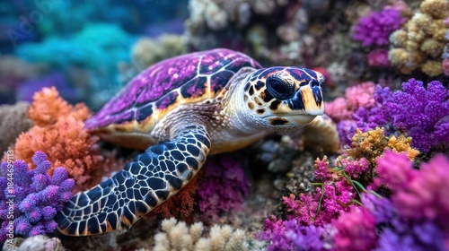 Vibrant sea turtle amidst colorful coral reef