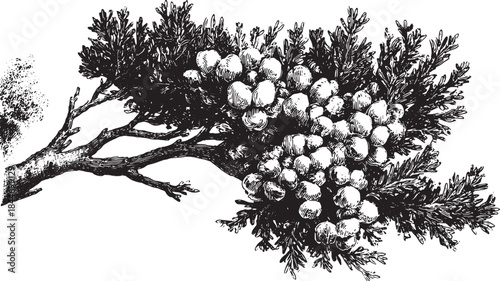 Cypress branch with detailed leaves and fruits. Vintage black and white vector illustration of natural flora.