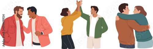 Positive Social Relationships – Happy People Celebrating and Bonding- friend, friendship, people, couple, high five, hug, embrace, talking, conversation, happy, vector, illustration, flat