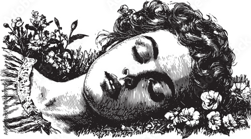 Vintage illustration of a girl surrounded by flowers and leaves in a calm setting. Artistic black and white vector illustration showcases beauty and tranquility.