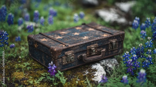 Vintage suitcase amidst wildflowers