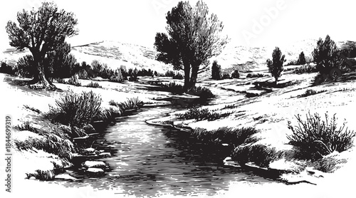 A frozen river winding through a black and white nature illustration. Detailed landscape vector set features trees, hills, and snowy clearing areas.