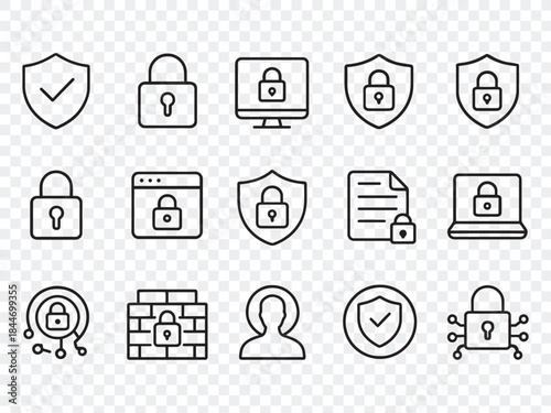  A comprehensive set of outline icons focused on data protection, cyber security, privacy, and compliance topics. 