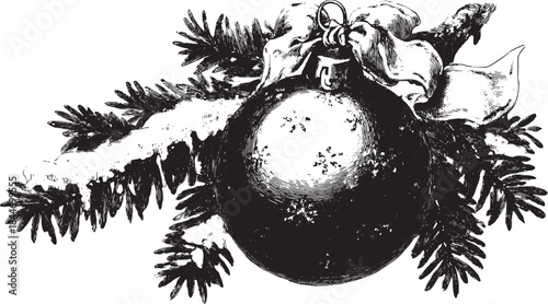 Vintage Christmas ornament illustration. Black and white vector design featuring a festive decoration with snow and bough details.