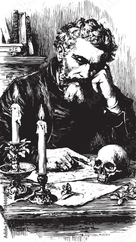 Thoughtful man studying a skull on a desk. This classic black and white illustration features candles and books in a vintage setting, vector art.