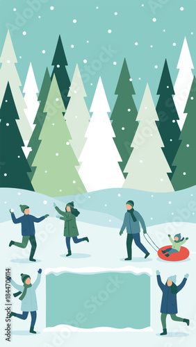 Joyful people enjoying winter activities in a snowy forest scene