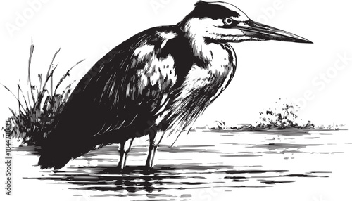 Heron bird standing in water. Black and white outline drawing, showcasing natural wildlife in a graceful vector illustration set.