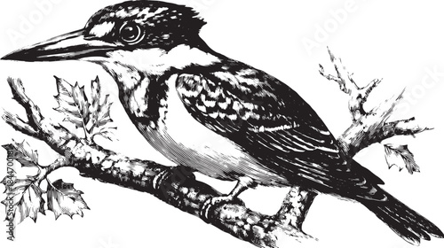 Woodpecker illustration in black and white. Detailed bird drawing perched on a branch in a vintage style, showcasing natural wildlife in a vector format.