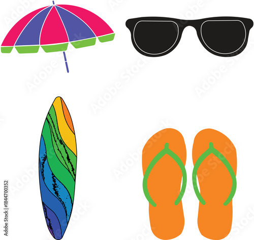 Set of colorful summer beach accessories with umbrellas by the seaside