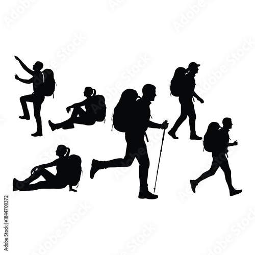 Silhouettes of hikers in various poses with backpacks and walking sticks
