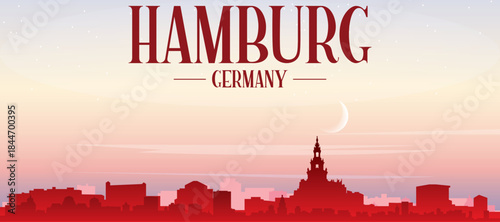 Red panoramic poster of the city skyline with misty background buildings, sunrise, moon and clouds of HAMBURG, GERMANY