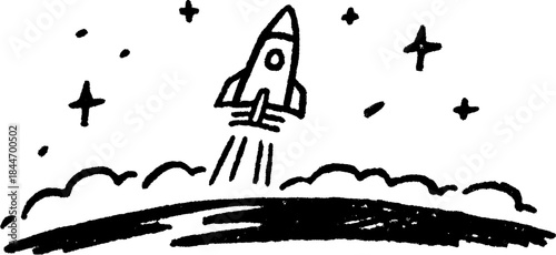 Cartoon rocket ship launching into space. Simple vector illustration with clouds and stars in the background.
