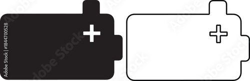 Two batteries with plus signs facing each other in black and white battery