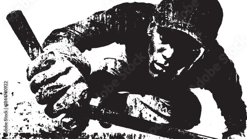 Man working with tool and paint in black and white. Grunge vector illustration expressing creativity and hard work in a digital set.