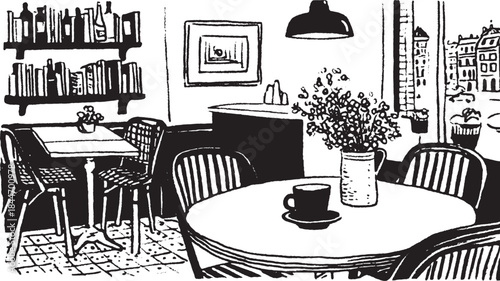 Coffee cup on a round table in a cozy room. Simple design with flowers and window view, featuring a black and white vector illustration.
