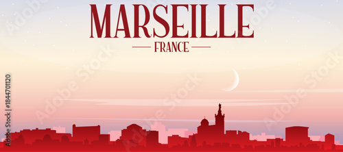 Red panoramic poster of the city skyline with misty background buildings, sunrise, moon and clouds of MARSEILLE, FRANCE
