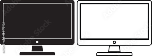 Two computer monitors one black and one white with stands screen