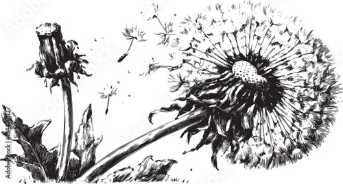 Dandelion flower silhouette in black ink detail. Botanical illustration showcasing seeds and flowers in a vintage style vector set.