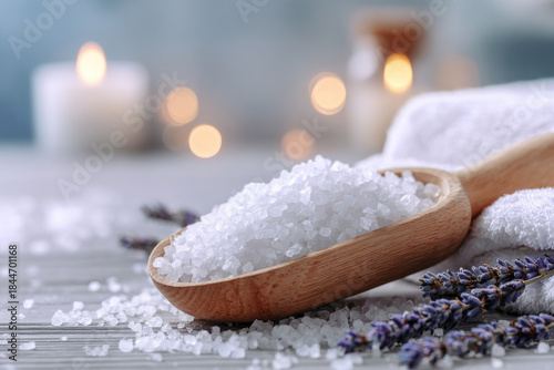Epsom salt bath relaxation with wooden scoop, white towel, lavender flowers and soft candlelight creates soothing spa atmosphere for stress relief and self care at home